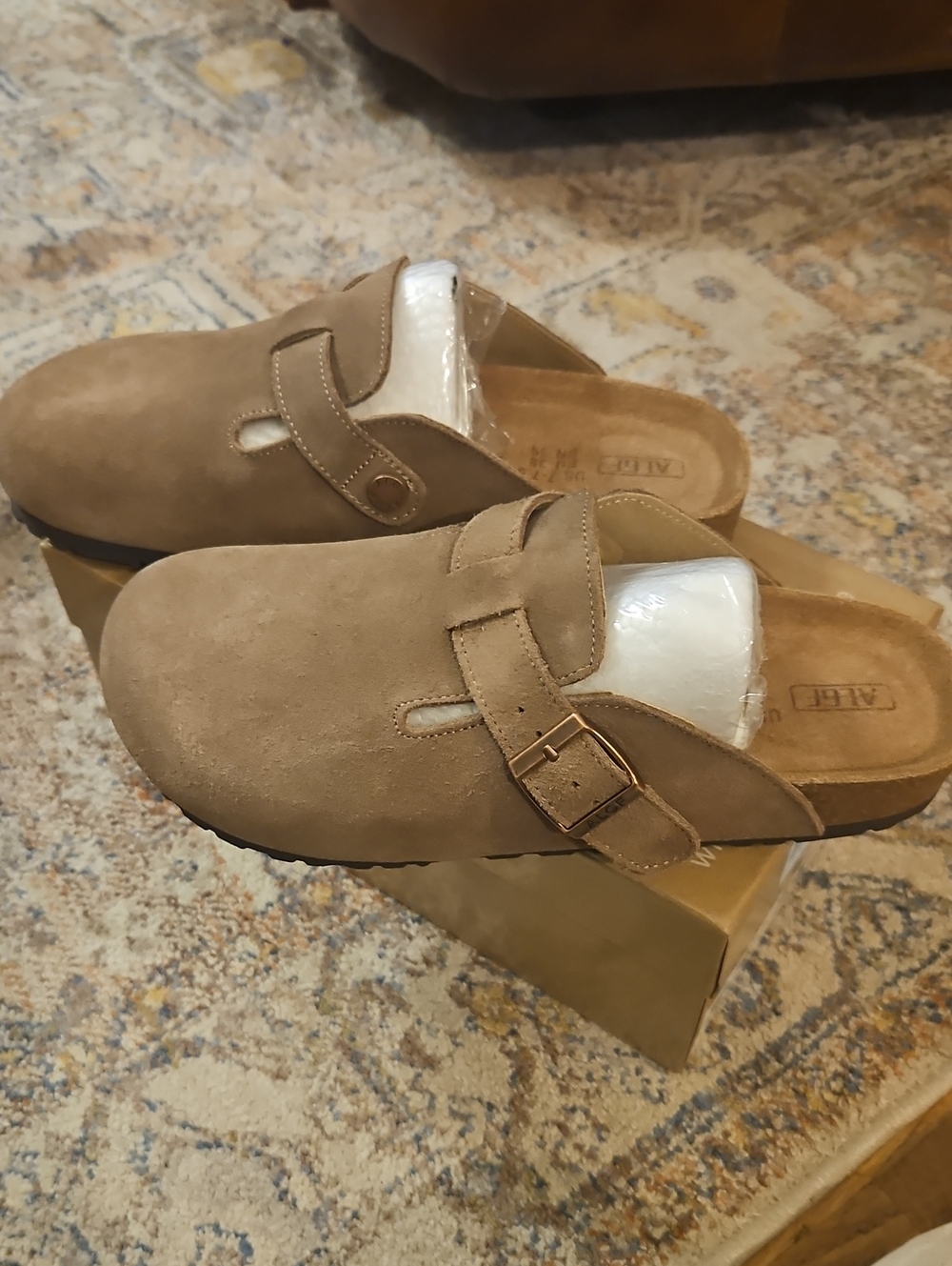 NEW! ALGF Taupe Suede Slip On Clog Mules Buckle Retro Coastal Boho Western 7-7.5 - Picture 3 of 9